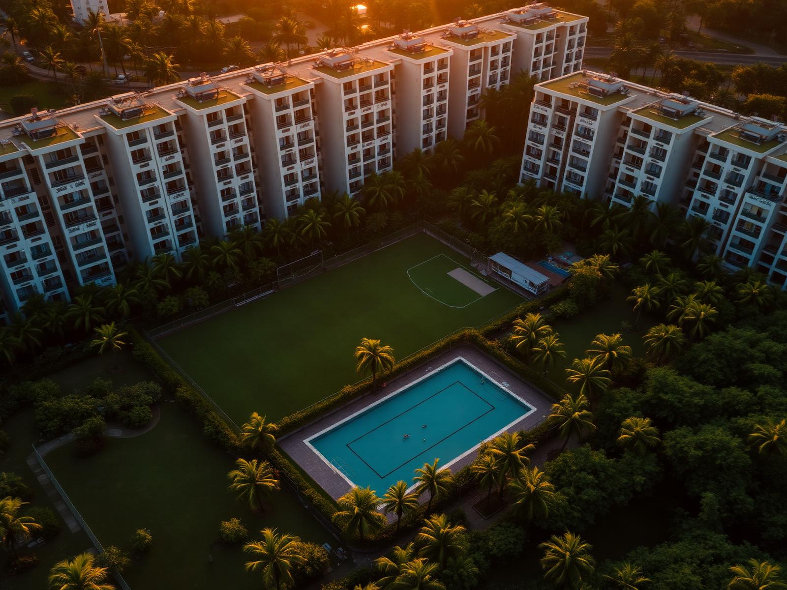 Aerial view of a landscaped Indian apartment community at golden hour